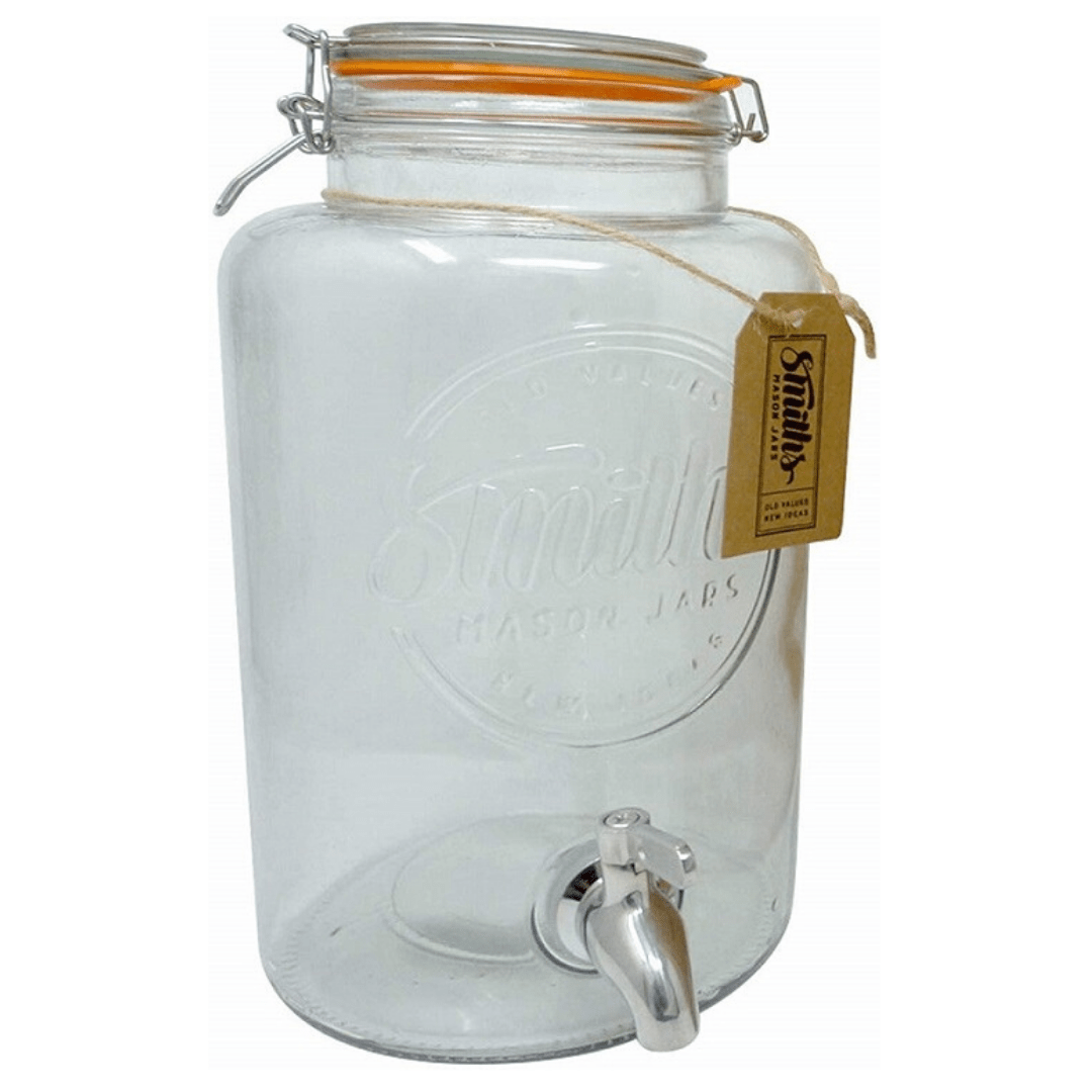 5 Liter Getränkespender von Smiths Mason Jars mit Stahlkegeln Es ist der Ultimative Getränkekühler Smith's Mason Jars Blockdrahtgeflecht und Geschenkanhänger