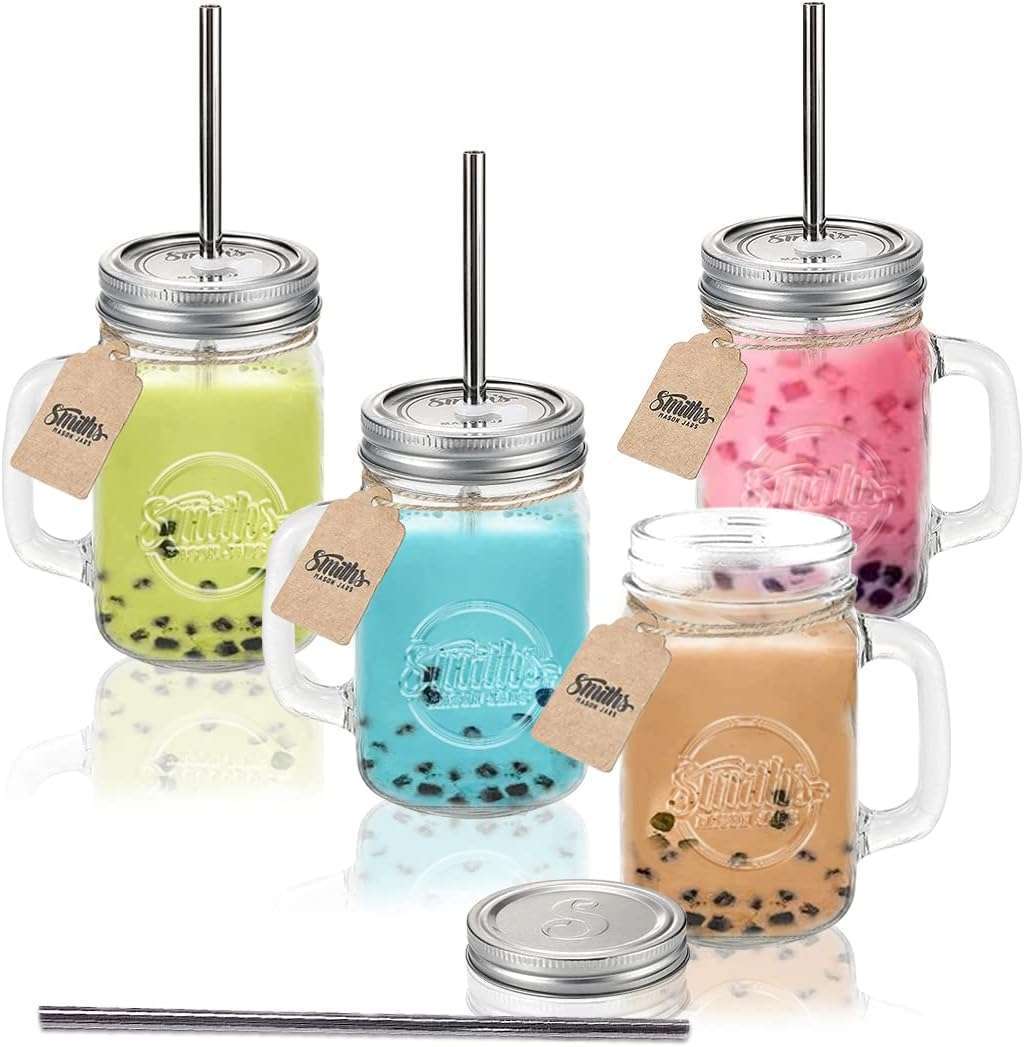 Smiths Mason Jars Set of 4 Spill Proof Glass Jars 8oz or 235ml with  Silicone Sleeves & Reusable Straws Mini – Toddler Sippy Cups, Snack Pot,  Kids' Smoothies, ideal for picnics.