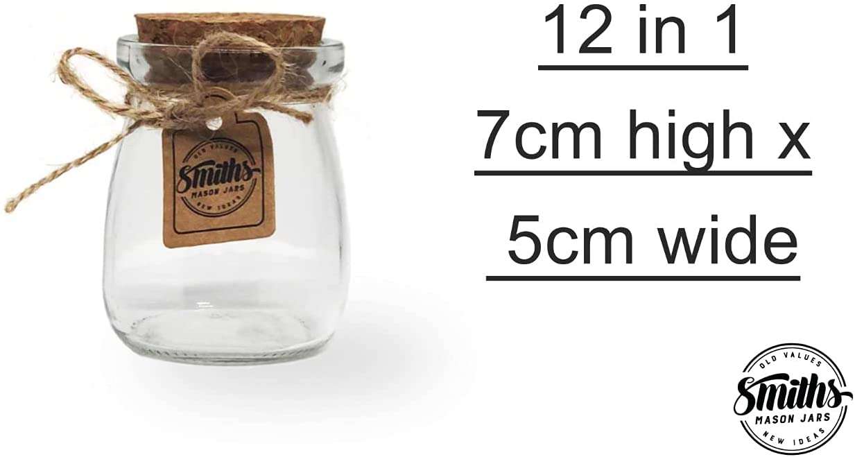 Set of 12 – Smith’s Mason Jars 100mL Short Pudding Bowl with Cork Lids – Great for Food Storage, Arts and Crafts, Candles, Giveaways, Tealight Candle Holders, Spices, Nuts, and More