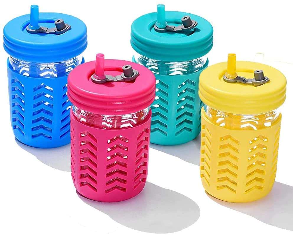 Screw Cap Reusable Straws Set of 4 x Mason Glass Drinking Jam Jars With Handle 